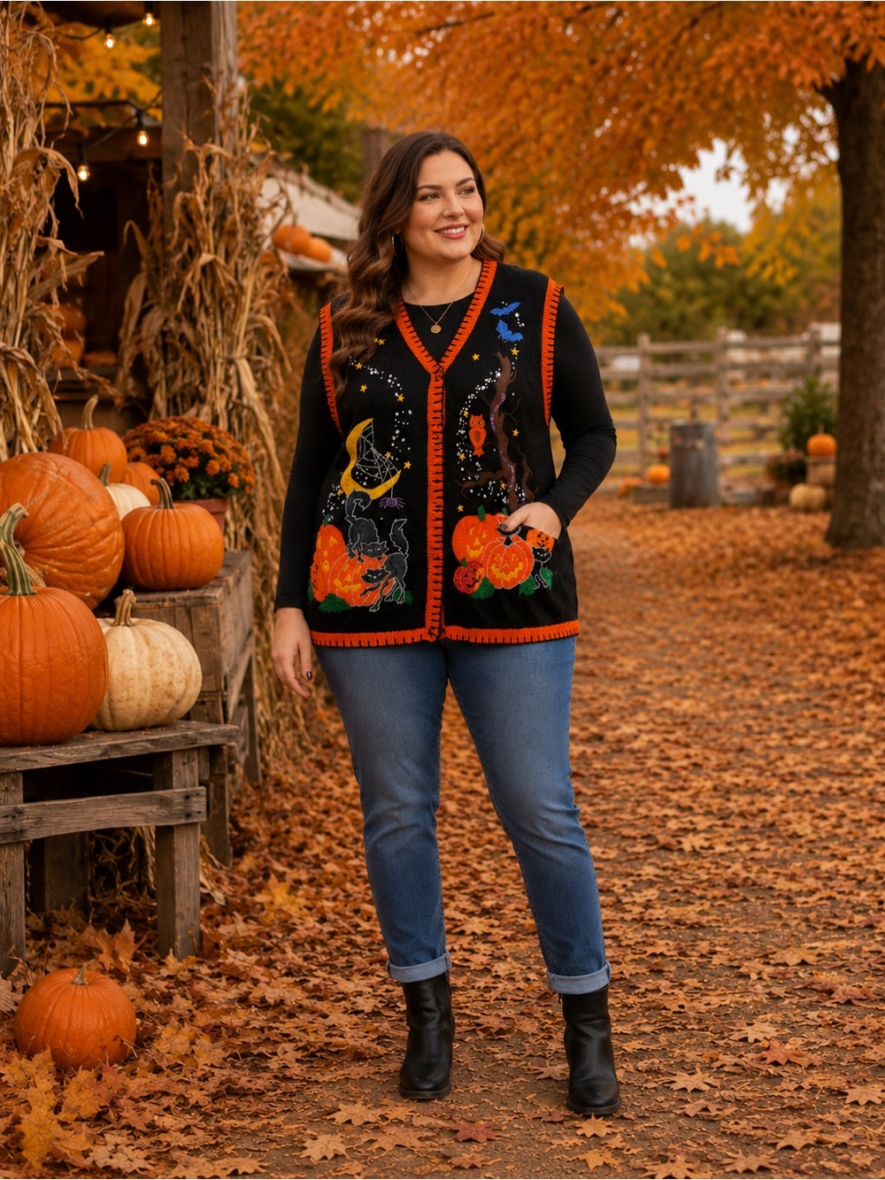 Basic Editions Vintage Halloween Black Cat Pumpkin Embroidered Sequin Sweater Ve
